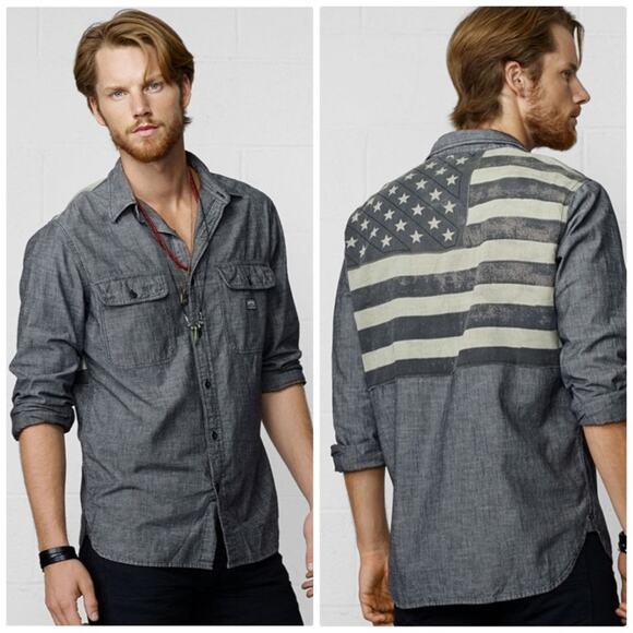 Denim & Supply‎ Black Chambray Flag Ward Long Sleeve Shirt Mens Size Small - Picture 1 of 4